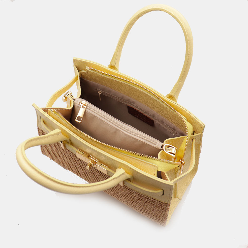 Borsa Donna a Mano VIAVERDI in Rafia e Pelle Gialla Made in Italy linea Artimino