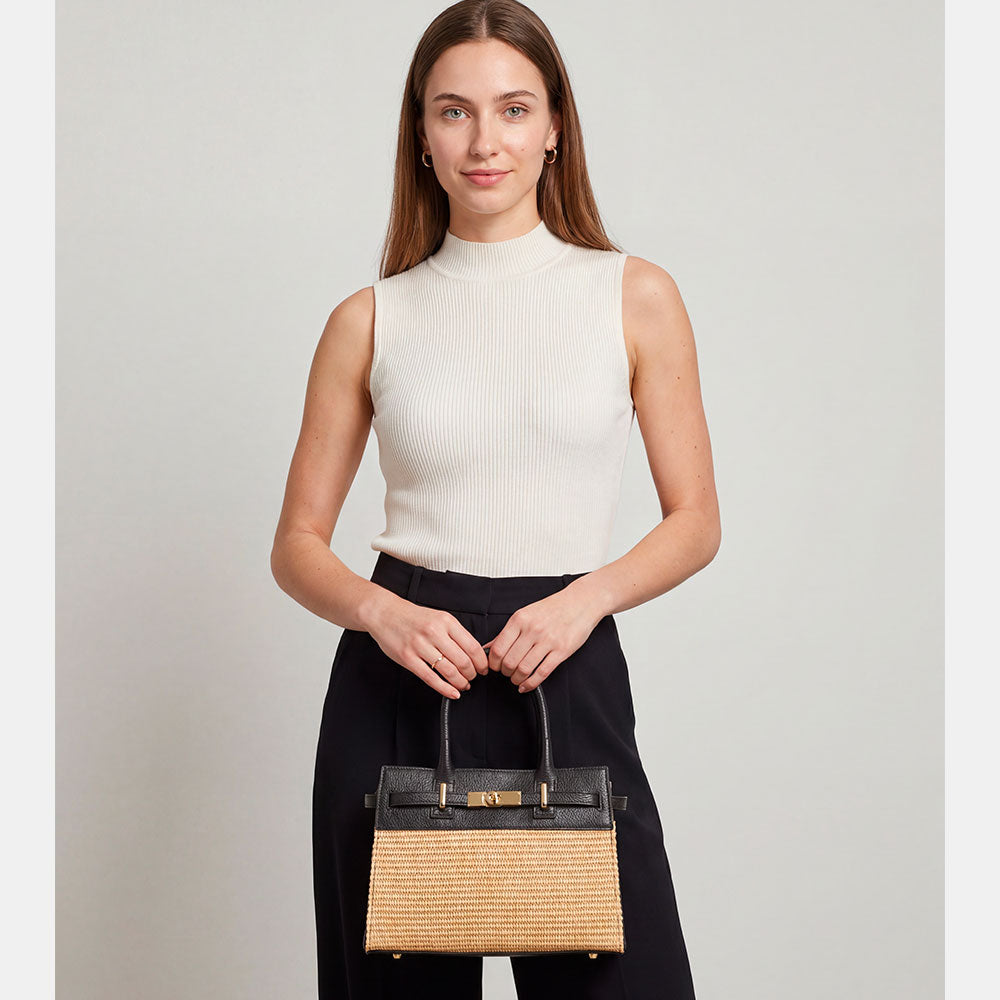 Borsa Donna a Mano VIAVERDI in Rafia e Pelle Nera Made in Italy linea Artimino