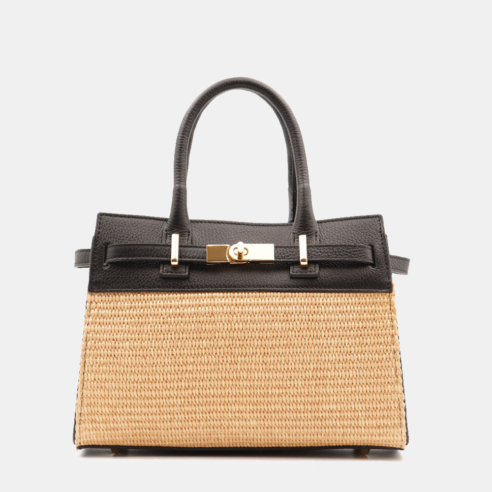 Borsa Donna a Mano VIAVERDI in Rafia e Pelle Nera Made in Italy linea Artimino