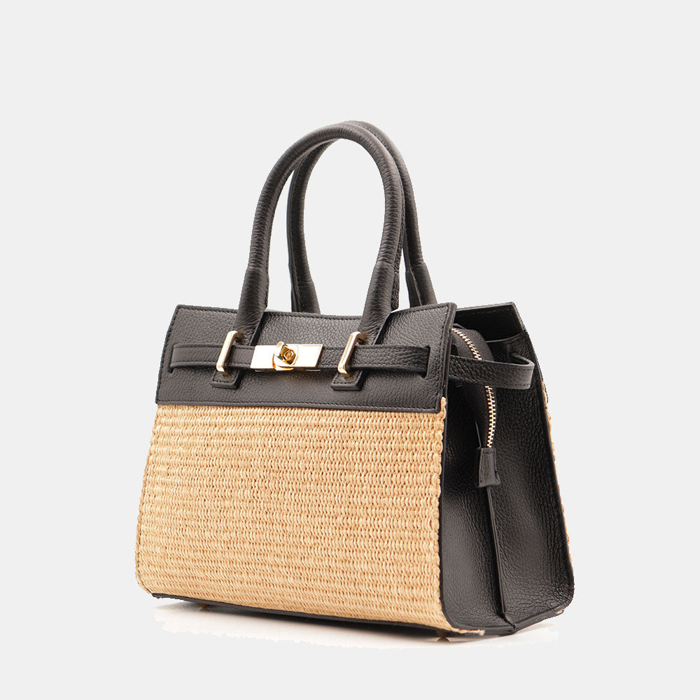 Borsa Donna a Mano VIAVERDI in Rafia e Pelle Nera Made in Italy linea Artimino