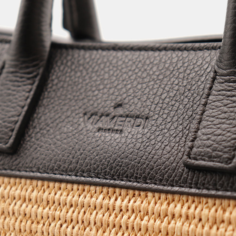 Borsa Donna a Mano VIAVERDI in Rafia e Pelle Nera Made in Italy linea Artimino