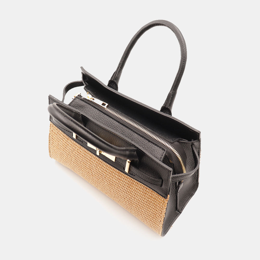 Borsa Donna a Mano VIAVERDI in Rafia e Pelle Nera Made in Italy linea Artimino