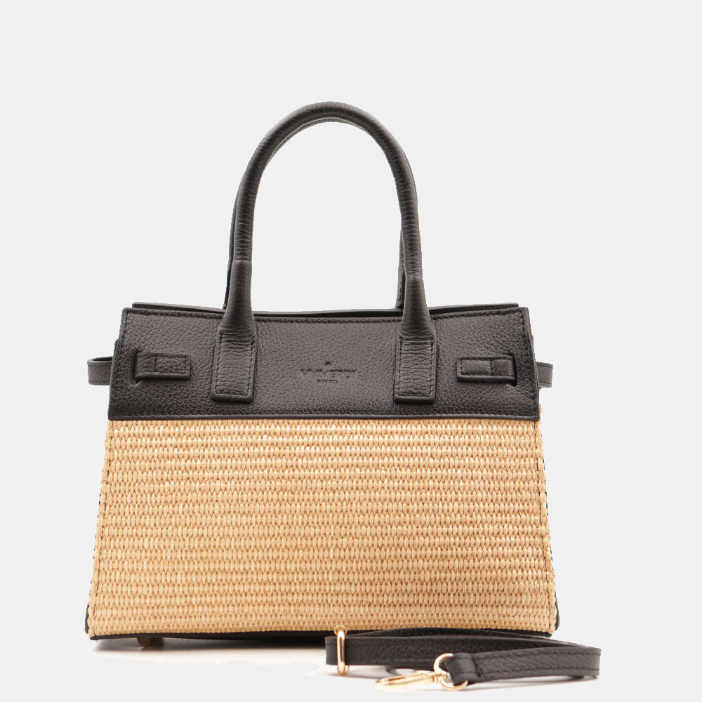 Borsa Donna a Mano VIAVERDI in Rafia e Pelle Nera Made in Italy linea Artimino