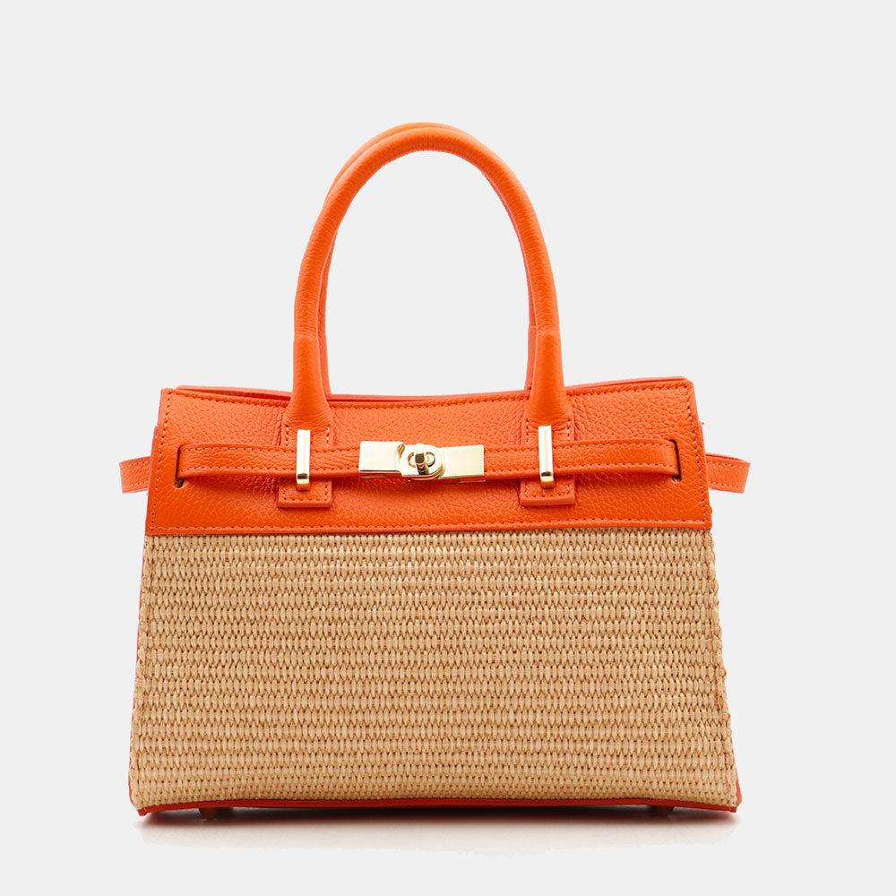 Borsa Donna a Mano VIAVERDI in Rafia e Pelle Arancione Made in Italy linea Artimino