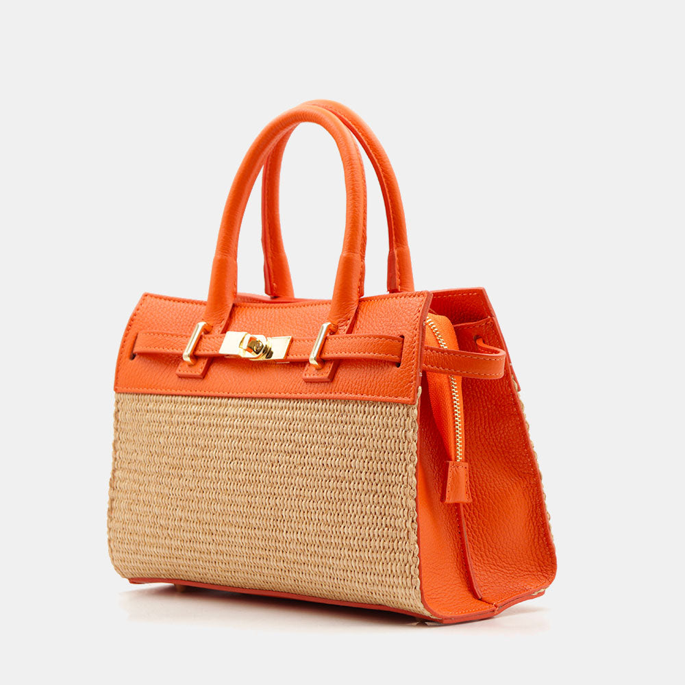 Borsa Donna a Mano VIAVERDI in Rafia e Pelle Arancione Made in Italy linea Artimino