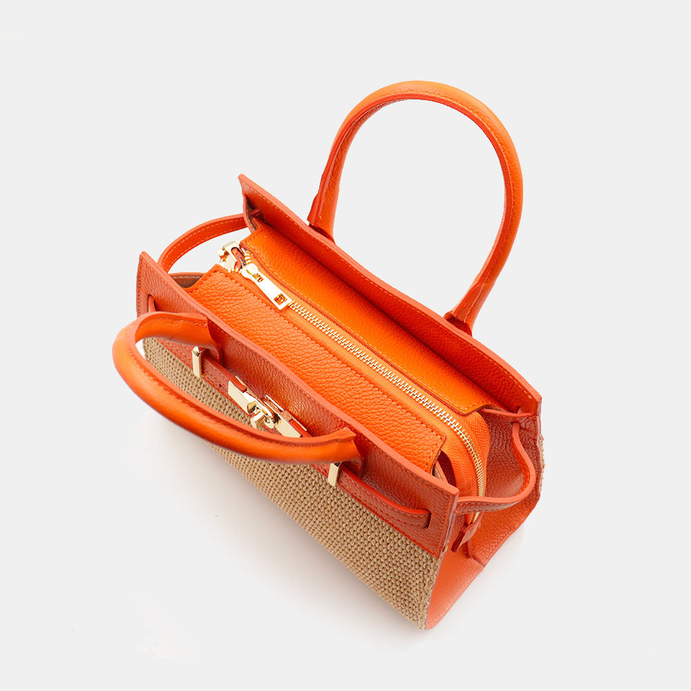 Borsa Donna a Mano VIAVERDI in Rafia e Pelle Arancione Made in Italy linea Artimino