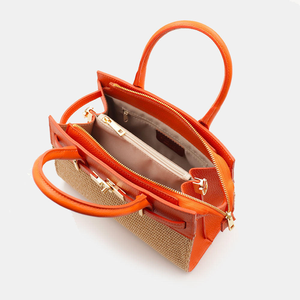 Borsa Donna a Mano VIAVERDI in Rafia e Pelle Arancione Made in Italy linea Artimino
