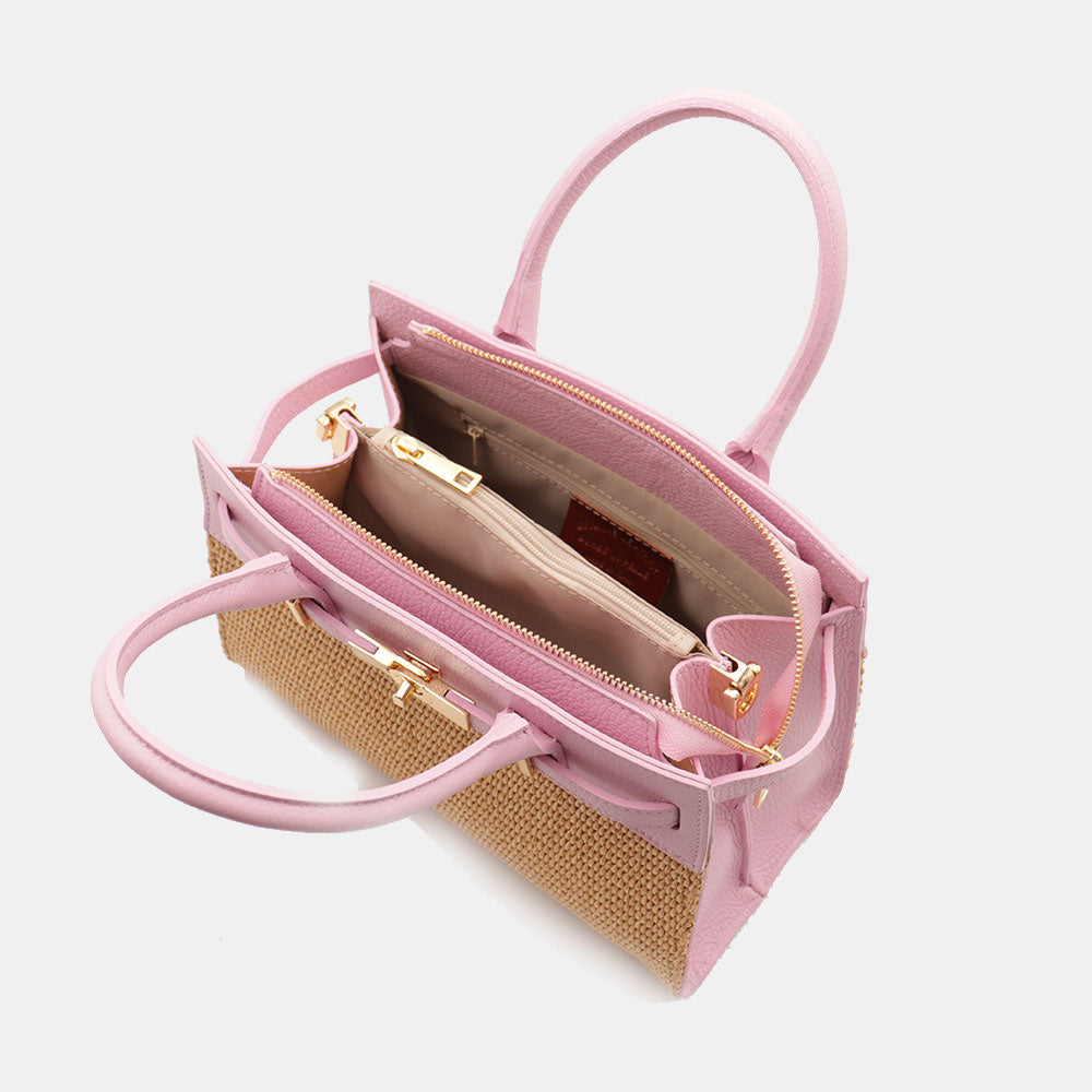 Borsa Donna a Mano VIAVERDI in Rafia e Pelle Rosa Made in Italy linea Artimino