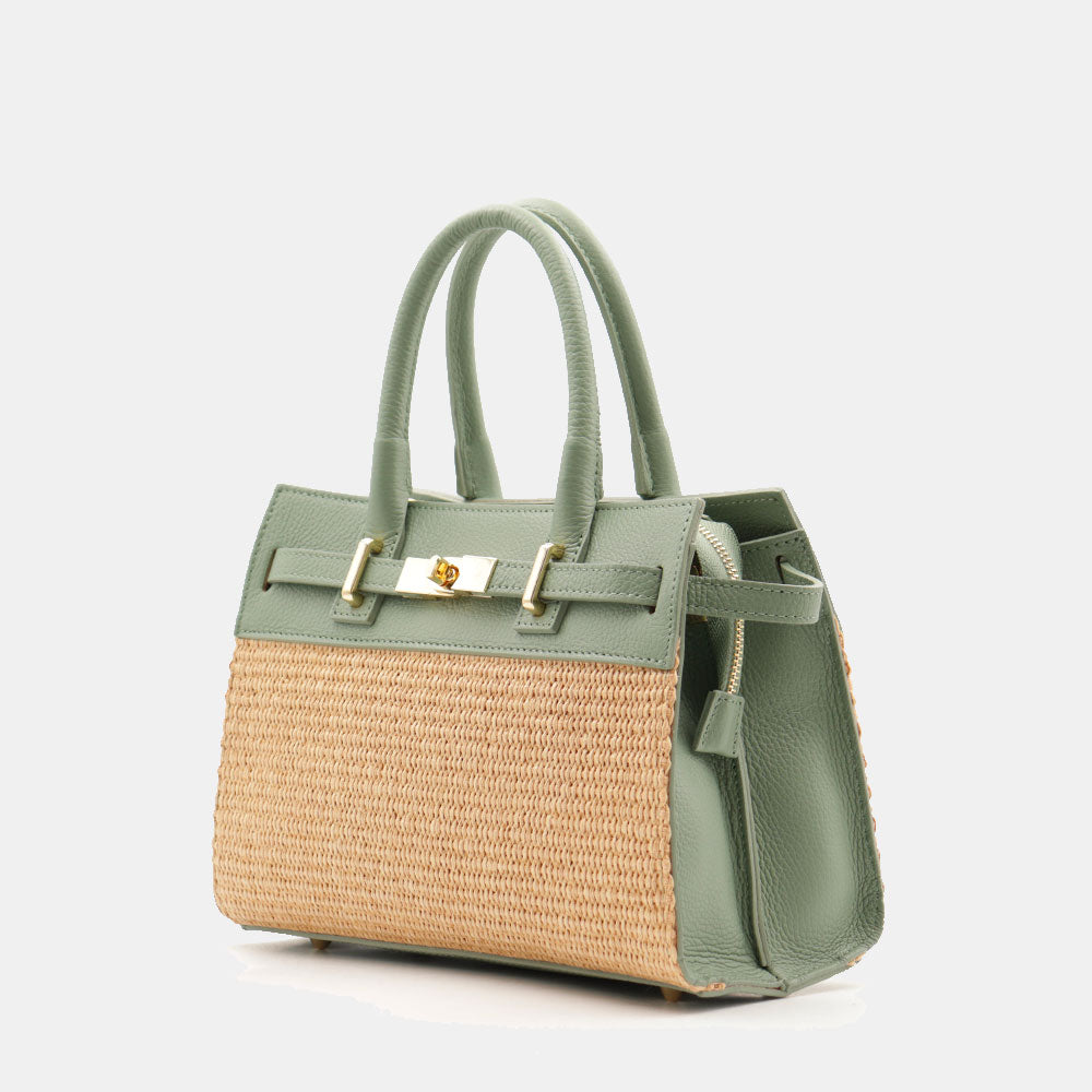 Borsa Donna a Mano VIAVERDI in Rafia e Pelle Verde Menta Made in Italy linea Artimino