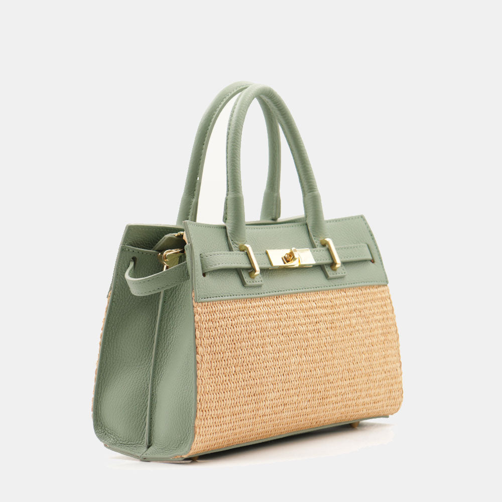 Borsa Donna a Mano VIAVERDI in Rafia e Pelle Verde Menta Made in Italy linea Artimino