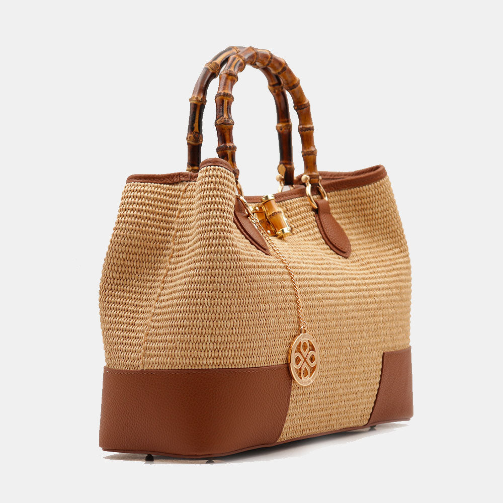 Borsa Grande a Mano VIAVERDI in Rafia e Pelle color Cuoio Made in Italy linea Volterra