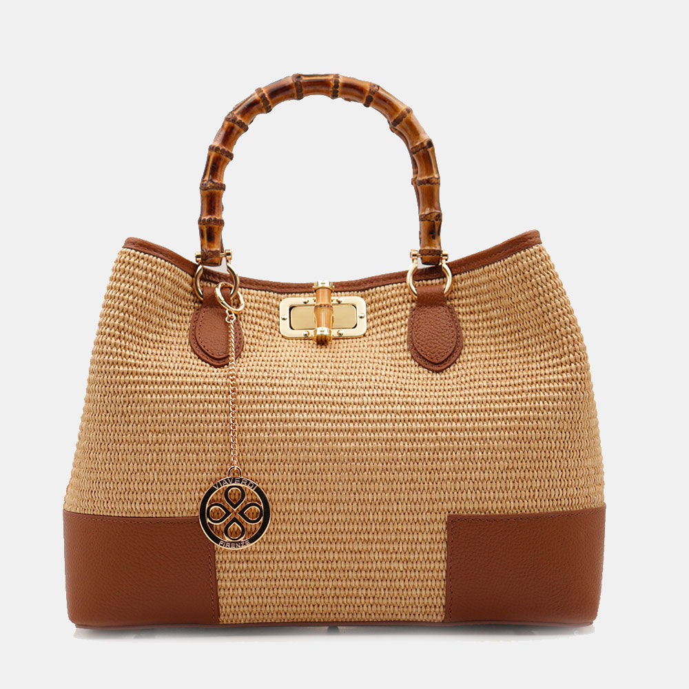 Borsa Grande a Mano VIAVERDI in Rafia e Pelle color Cuoio Made in Italy linea Volterra