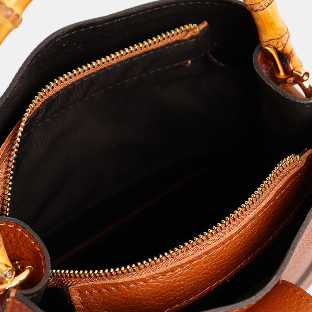 Borsa Secchiello Piccola VIAVERDI in Pelle color Cuoio Made in Italy linea Volterra