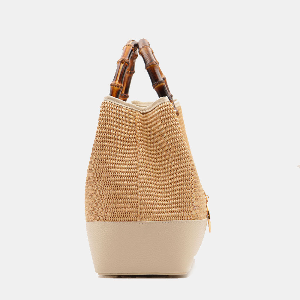 Borsa Grande a Mano VIAVERDI in Rafia e Pelle Avorio Made in Italy linea Volterra