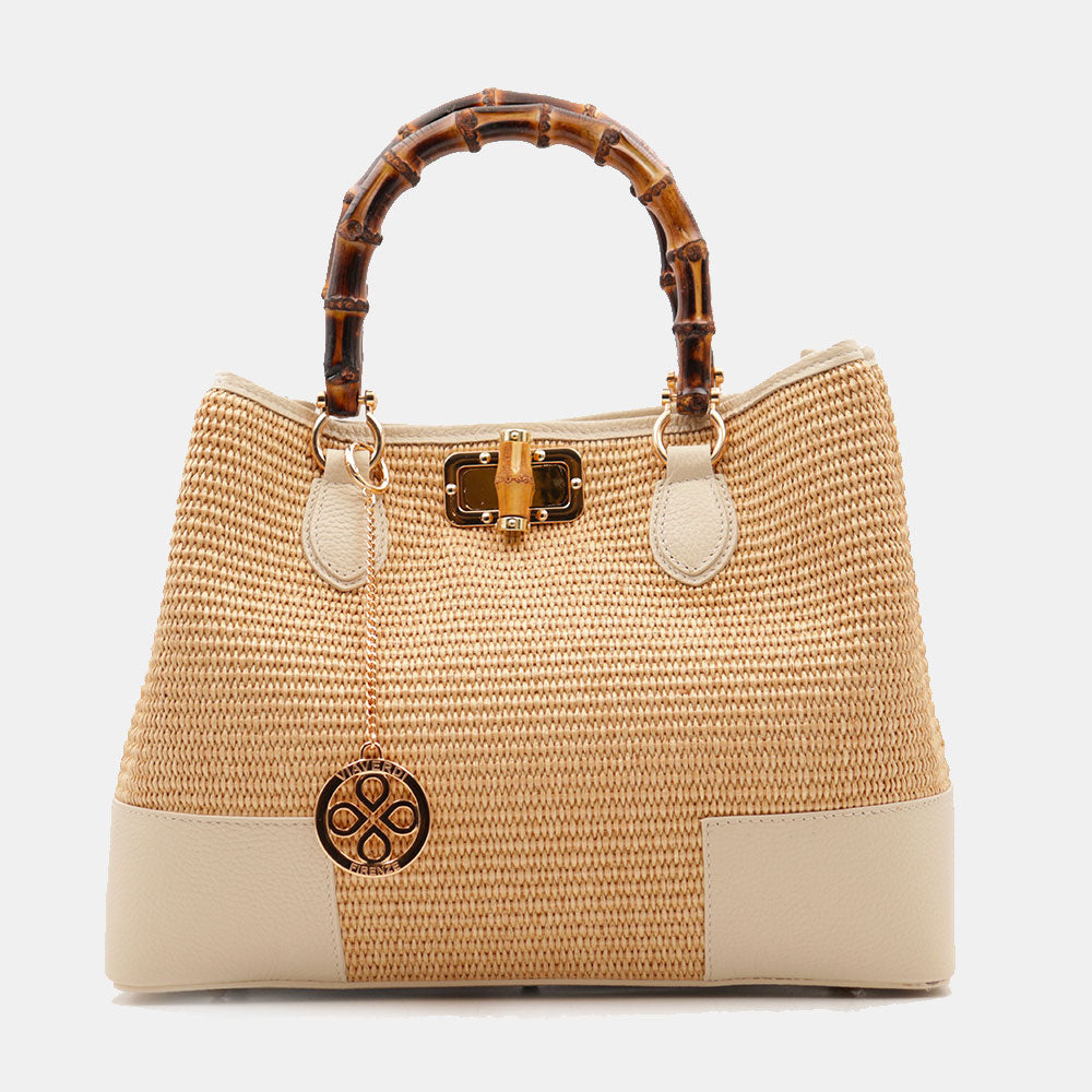Borsa Grande a Mano VIAVERDI in Rafia e Pelle Avorio Made in Italy linea Volterra
