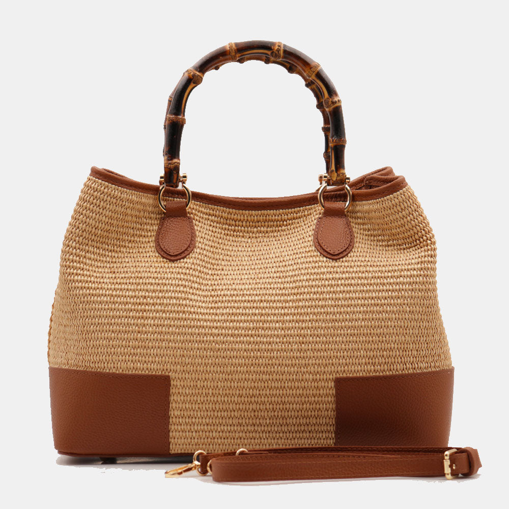 Borsa Grande a Mano VIAVERDI in Rafia e Pelle color Cuoio Made in Italy linea Volterra