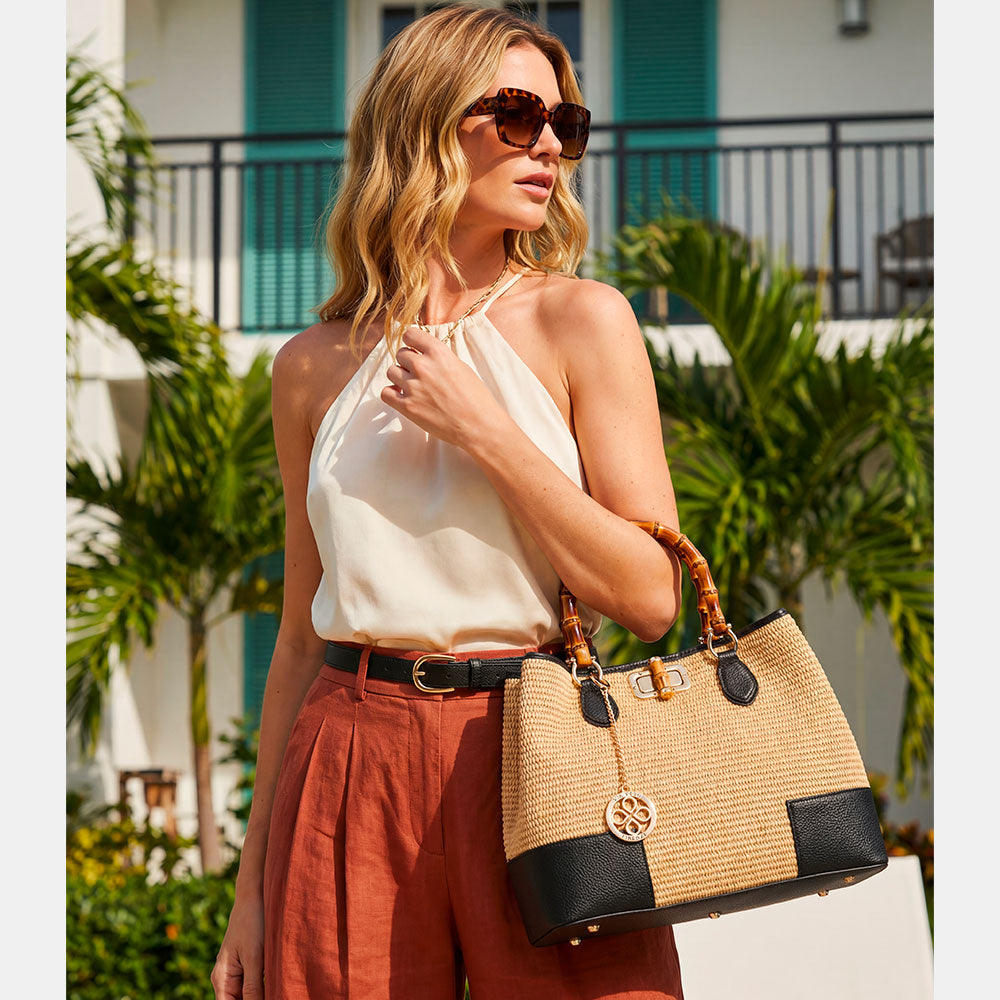 Borsa Grande a Mano VIAVERDI in Rafia e Pelle Nera Made in Italy linea Volterra