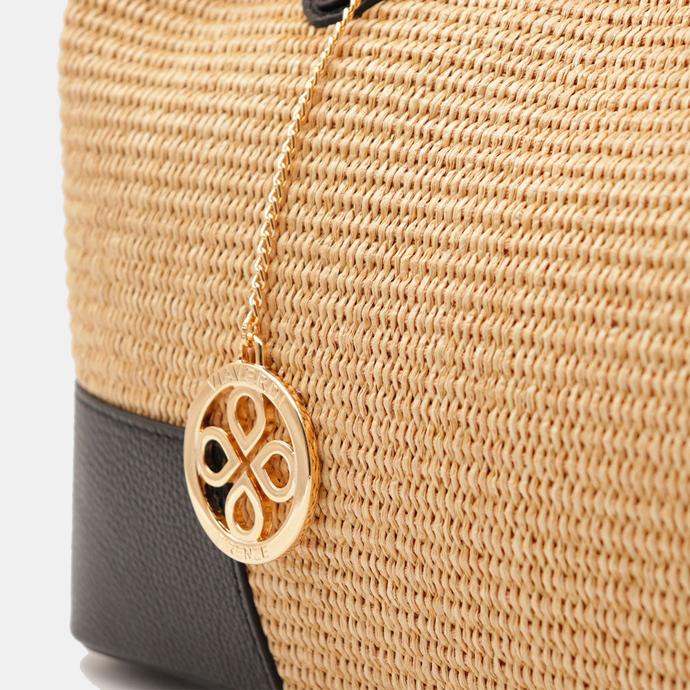 Borsa Grande a Mano VIAVERDI in Rafia e Pelle Nera Made in Italy linea Volterra
