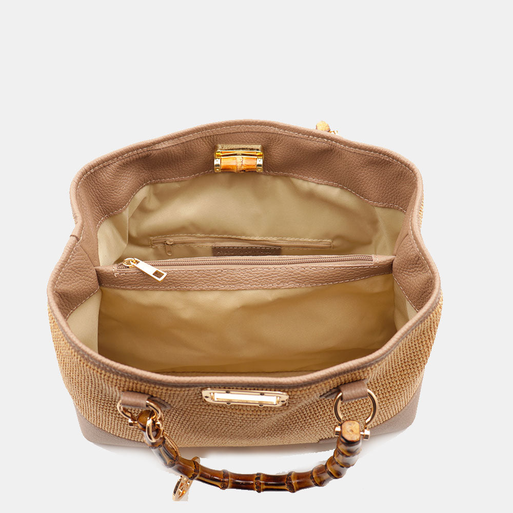 Borsa Grande a Mano VIAVERDI in Rafia e Pelle Taupe Made in Italy linea Volterra