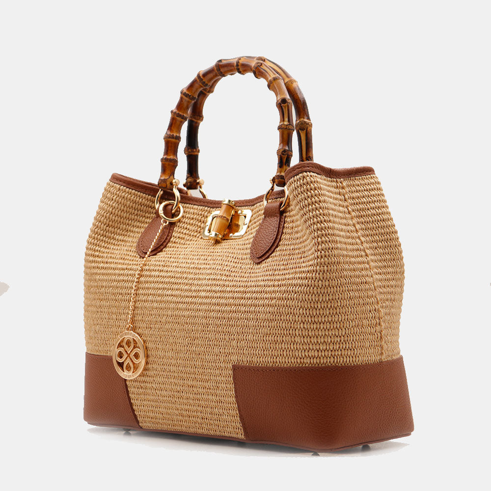 Borsa Grande a Mano VIAVERDI in Rafia e Pelle color Cuoio Made in Italy linea Volterra