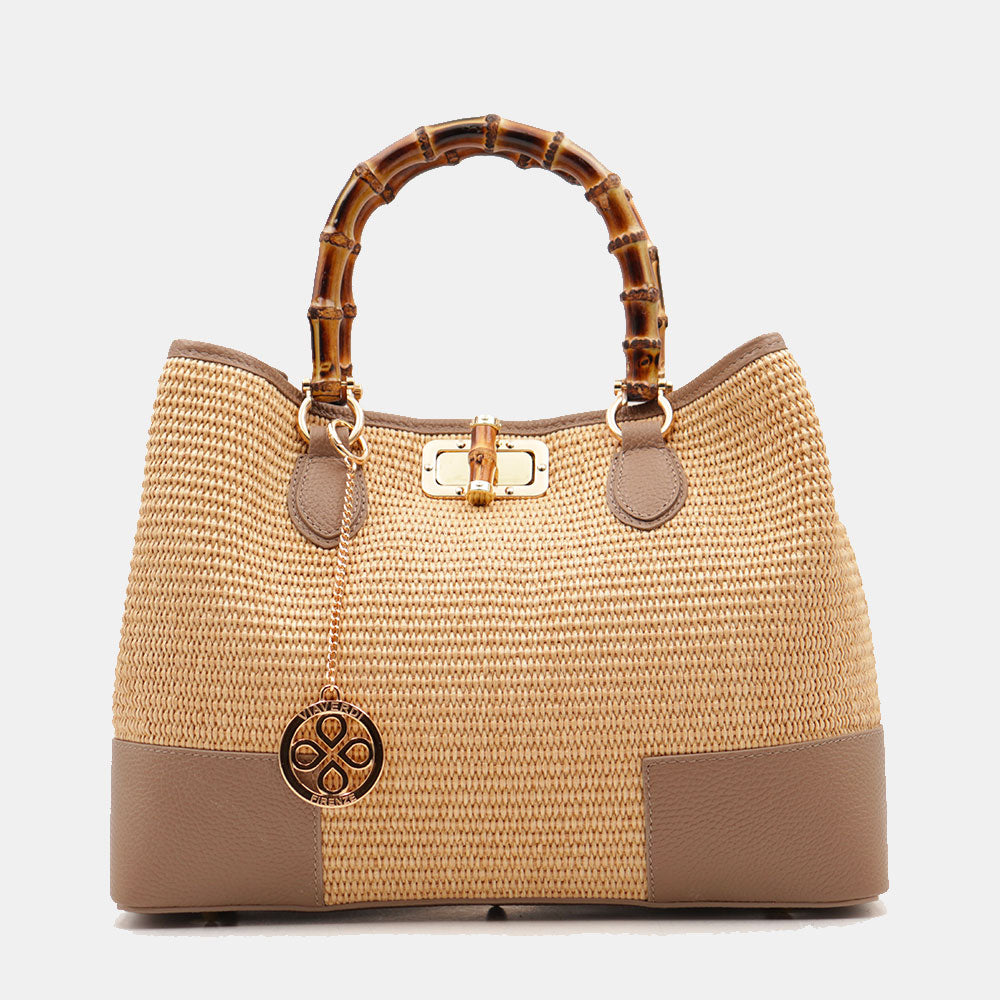 Borsa Grande a Mano VIAVERDI in Rafia e Pelle Taupe Made in Italy linea Volterra