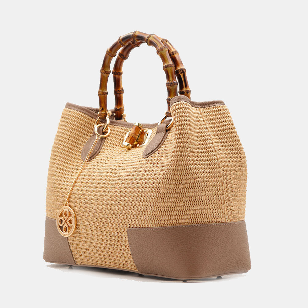 Borsa Grande a Mano VIAVERDI in Rafia e Pelle Taupe Made in Italy linea Volterra