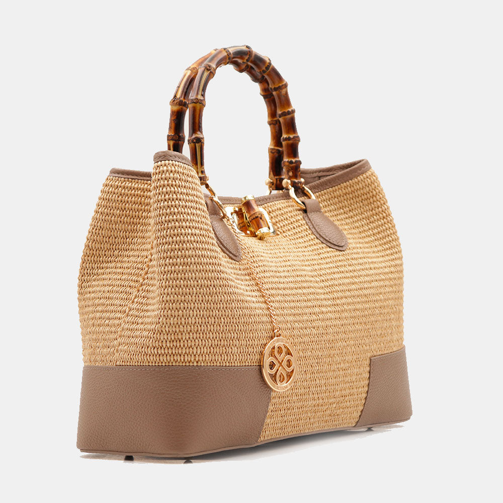 Borsa Grande a Mano VIAVERDI in Rafia e Pelle Taupe Made in Italy linea Volterra