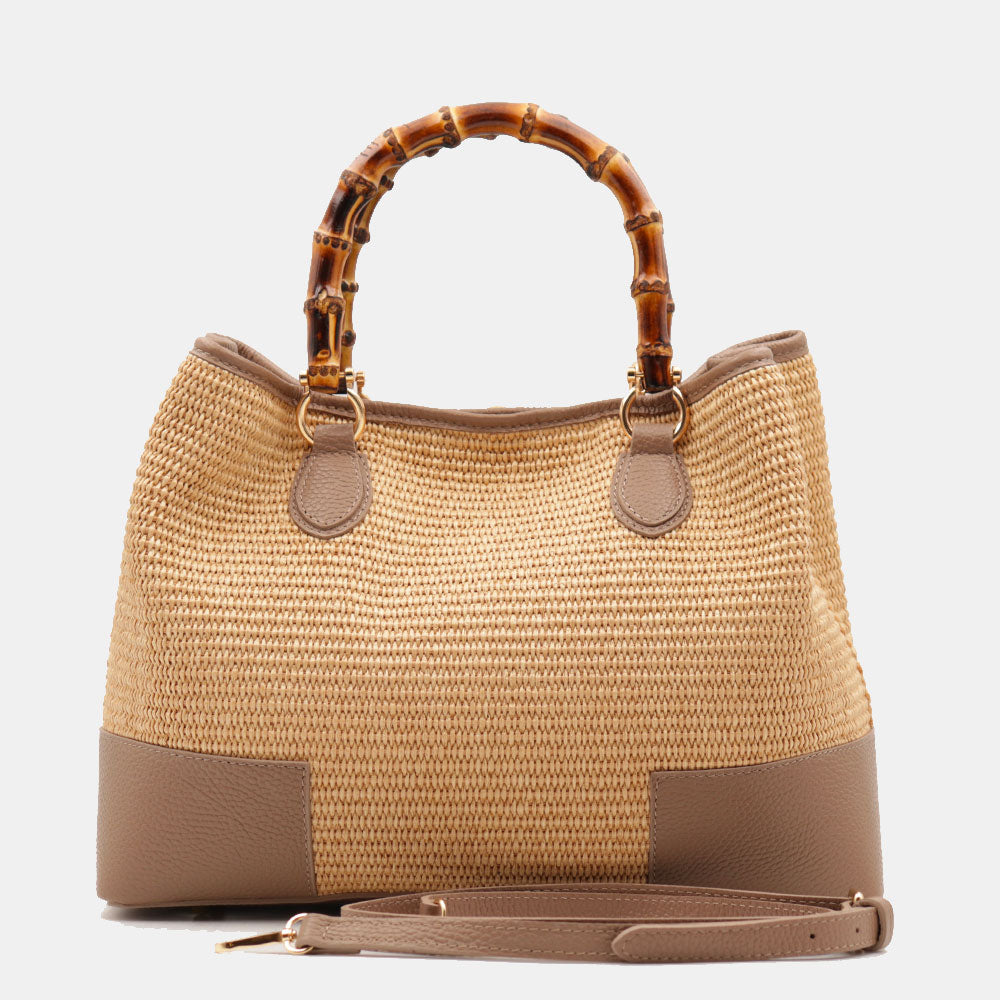 Borsa Grande a Mano VIAVERDI in Rafia e Pelle Taupe Made in Italy linea Volterra