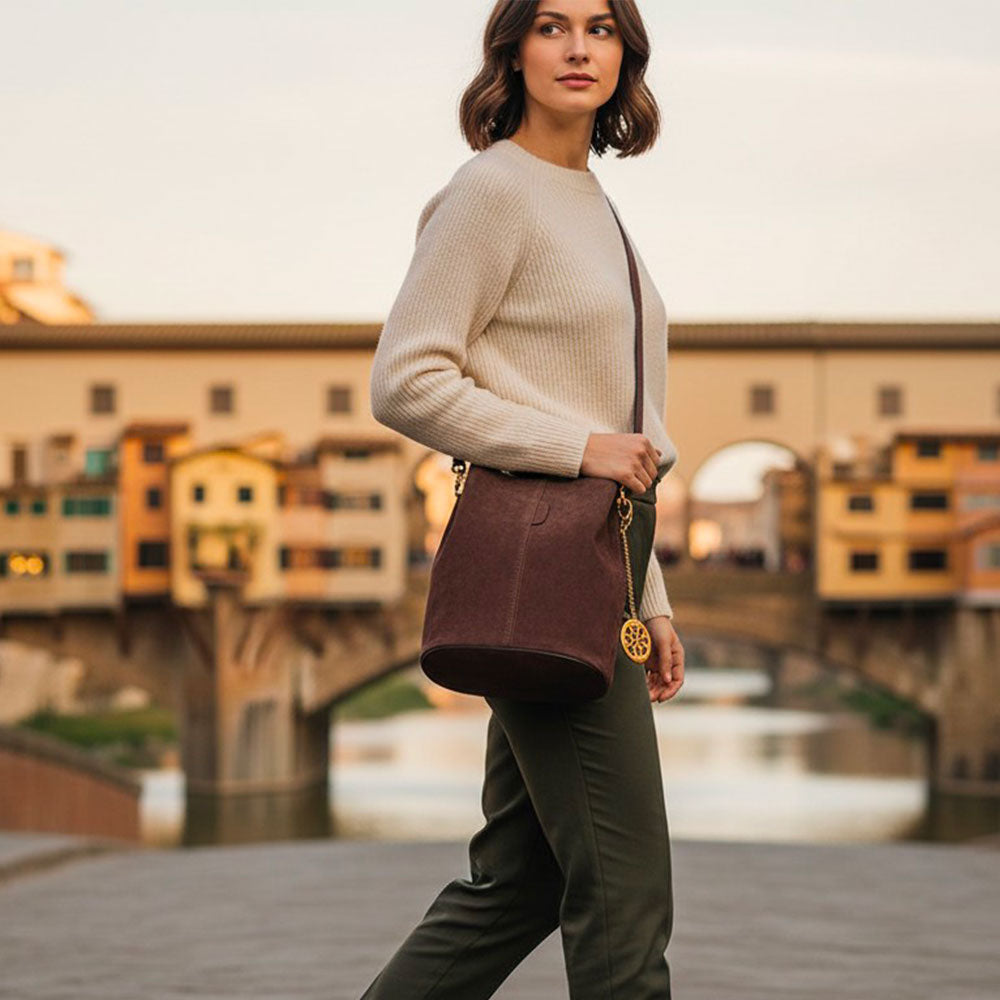 VIAVERDI Bucket Bag with Shoulder Strap in Dark Brown Suede Made in Italy, Capalbio Line
