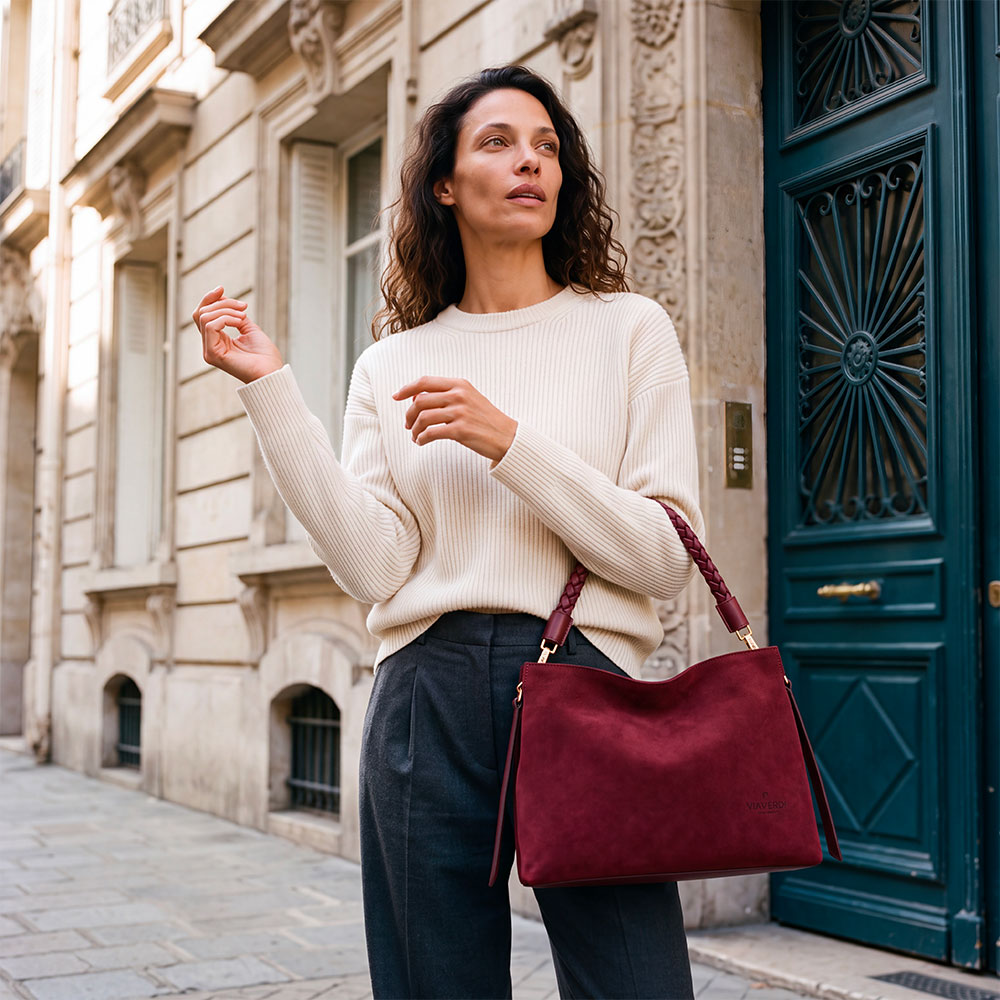 Borsa a Spalla in Camoscio e Pelle Bordeaux VIAVERDI Made in Italy linea Monteriggioni