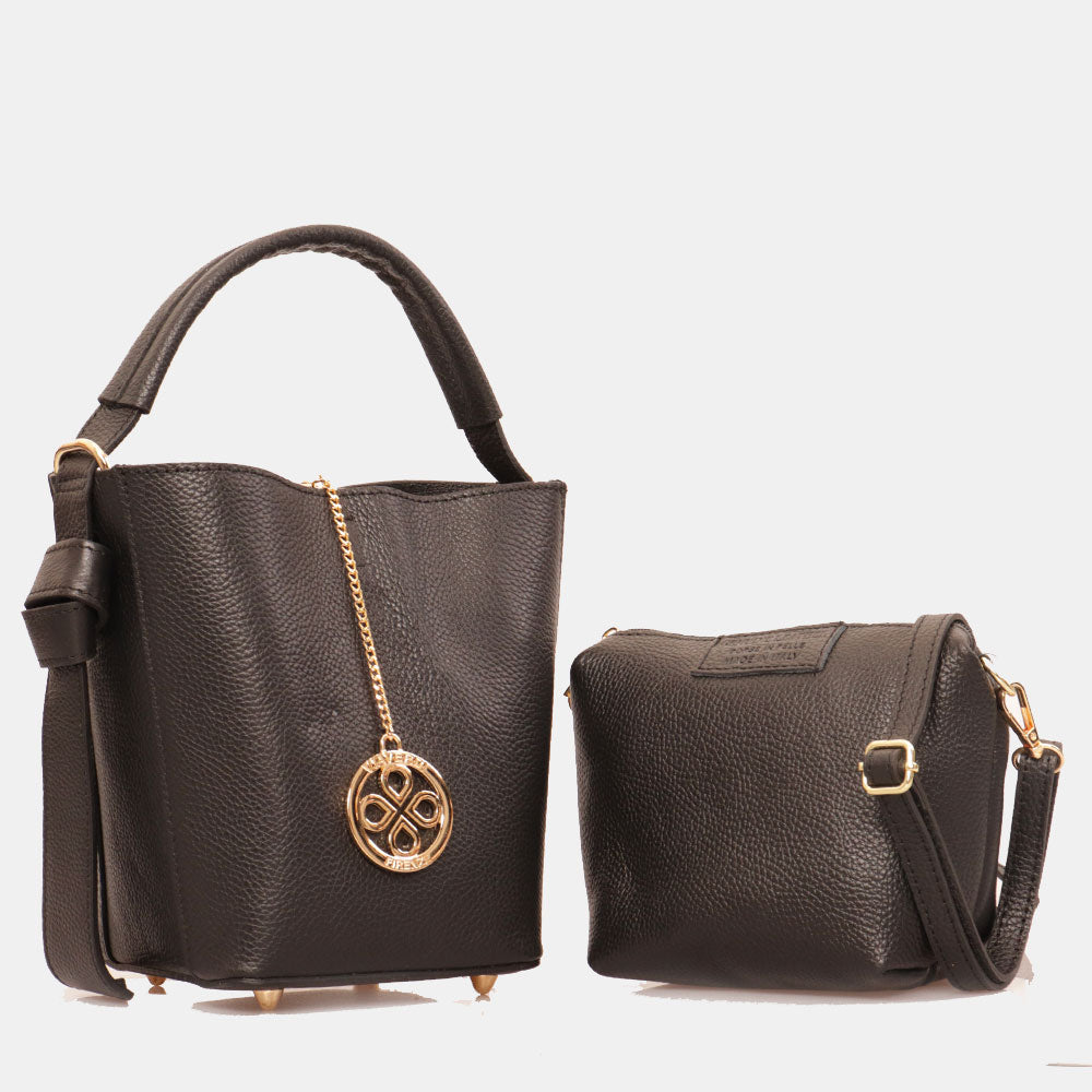 Borsa Secchiello con Pochette VIAVERDI in Pelle Nera Made in Italy linea Pienza