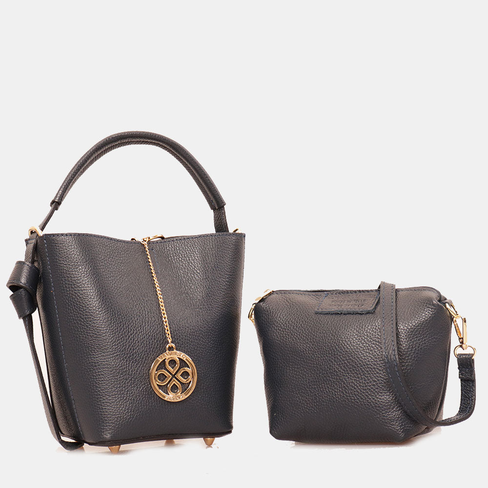 Borsa Secchiello con Pochette VIAVERDI in Pelle Blu Made in Italy linea Pienza