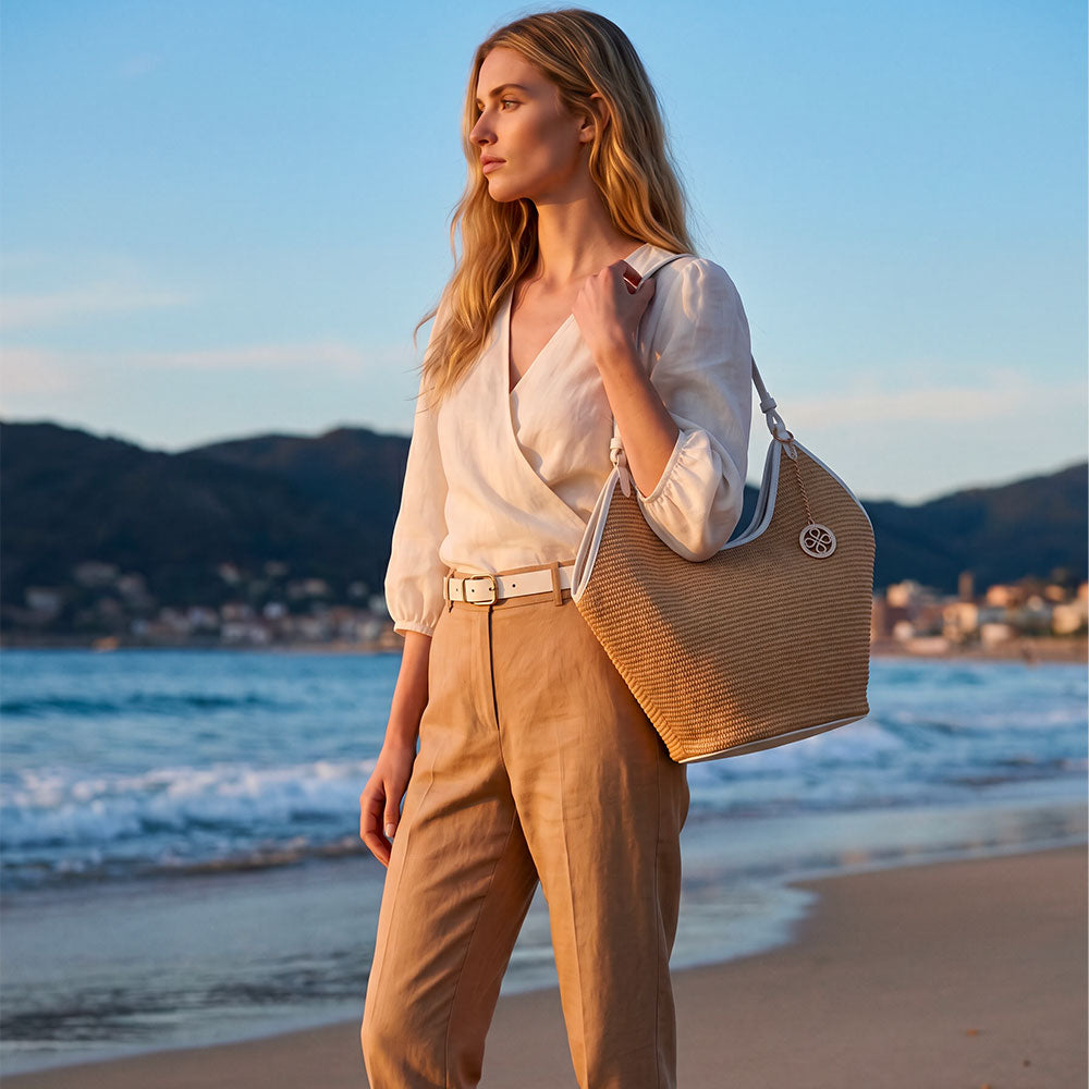Borsa Donna a Spalla Grande VIAVERDI in Rafia e Pelle Bianca Made in Italy linea Cortona