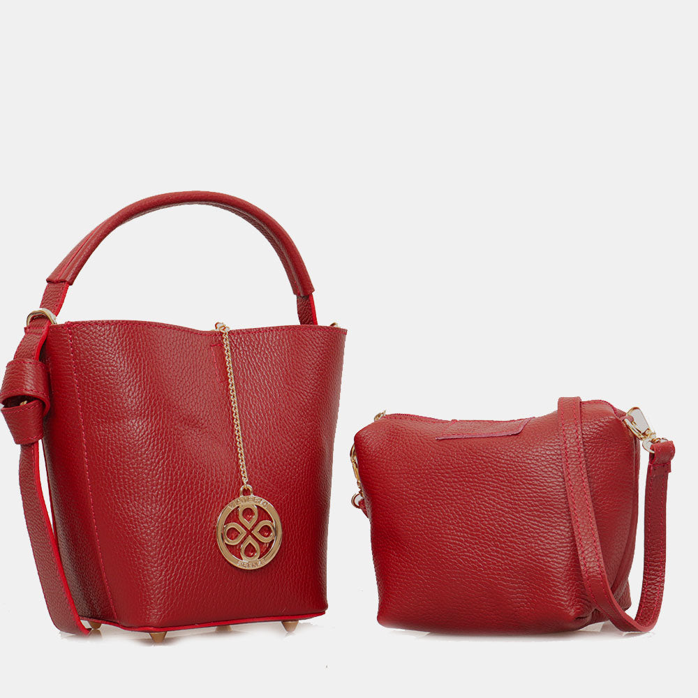 Borsa Secchiello con Tracolla e Pochette VIAVERDI in Pelle Rosso Scuro Made in Italy linea Pienza