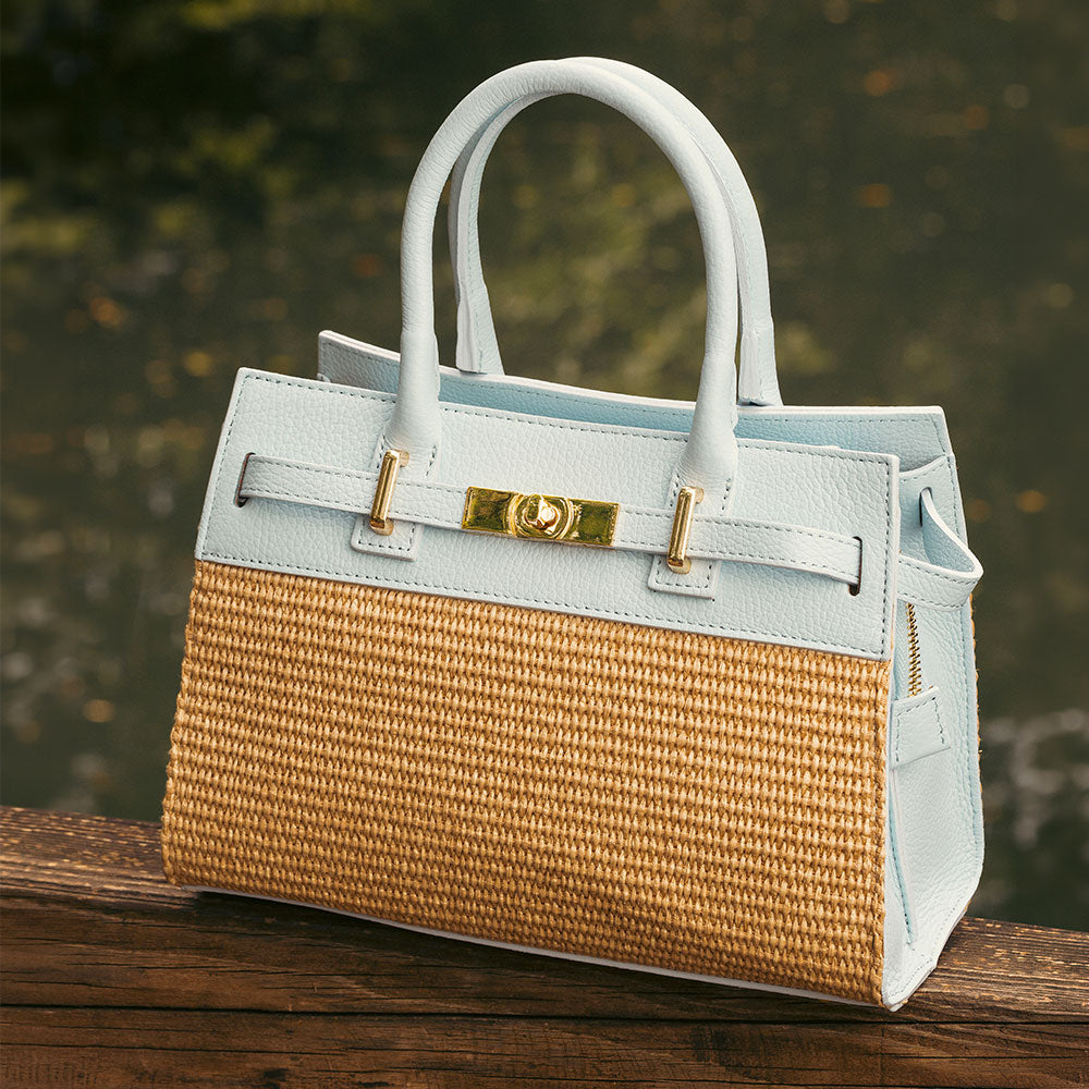 Borsa Donna a Mano VIAVERDI in Rafia e Pelle Celeste Made in Italy linea Artimino