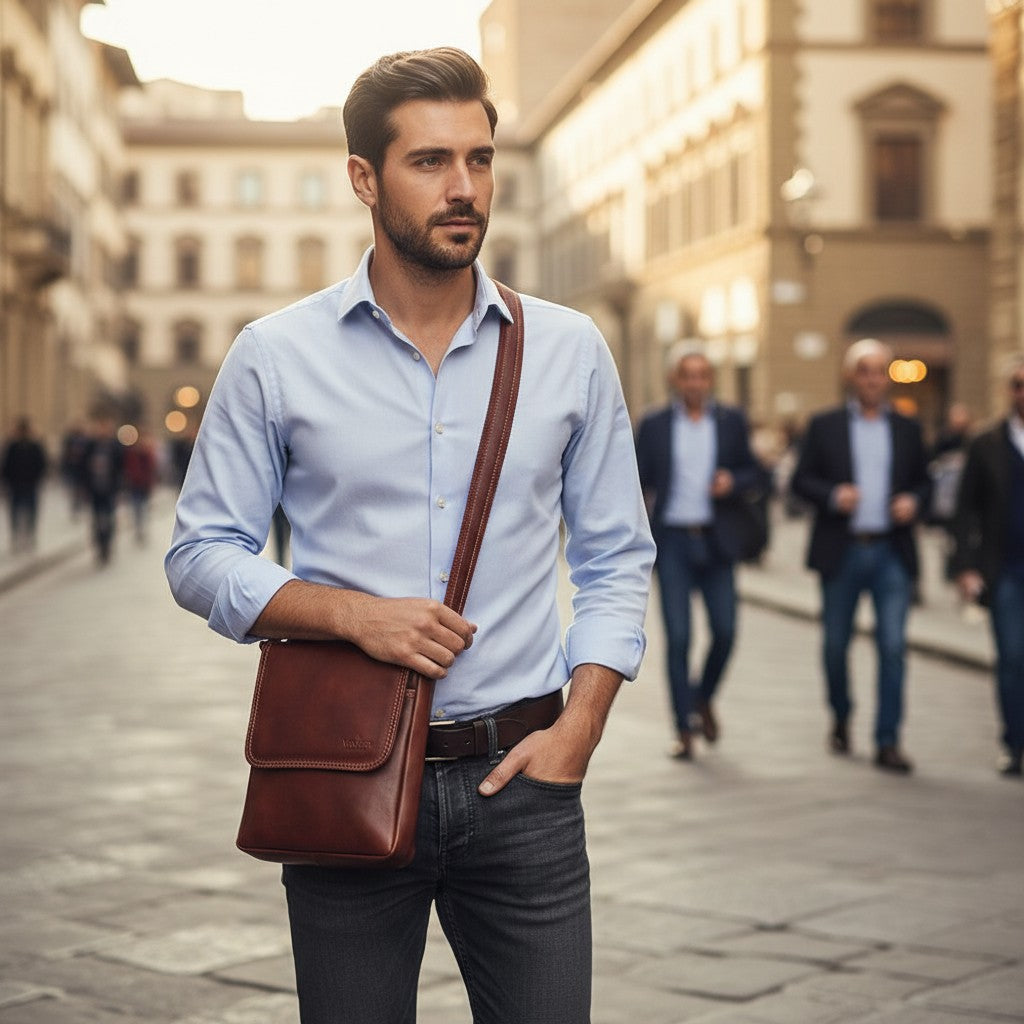 Braune Lederhandtasche für Herren mit Klappe VIAVERDI Made in Italy Florence Line
