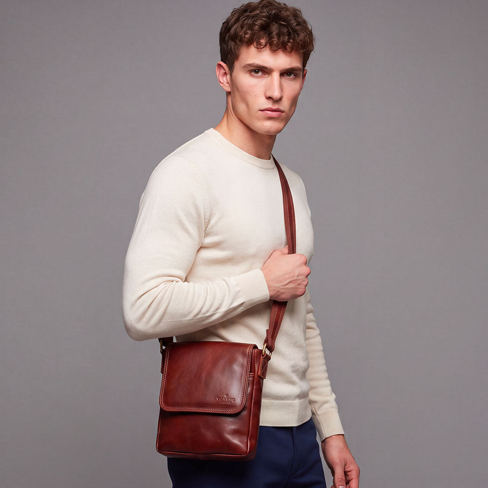 Braune Lederhandtasche für Herren mit Klappe VIAVERDI Made in Italy Florence Line