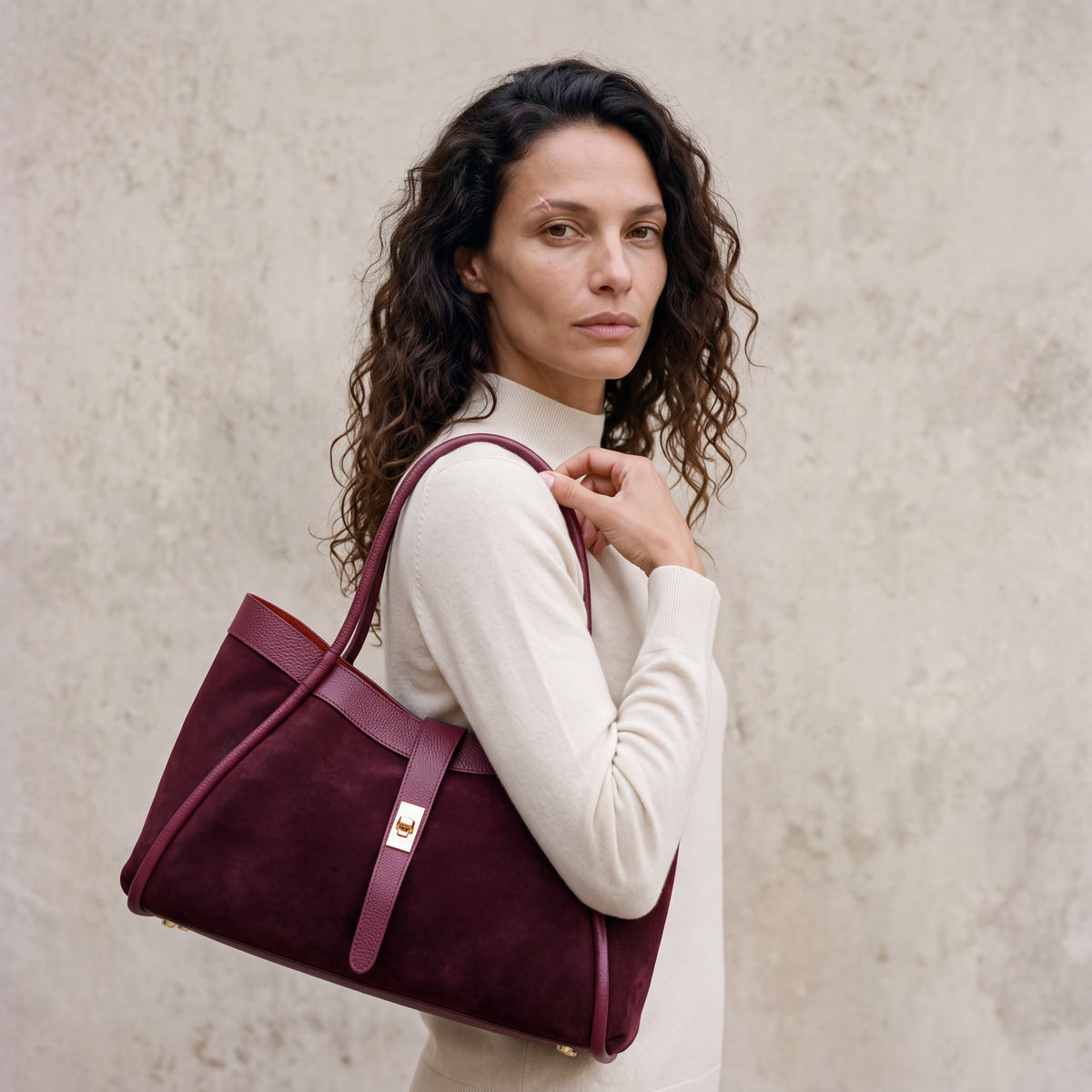 Borsa Donna a Spalla VIAVERDI in Camoscio e Pelle Bordeaux Made in Italy linea Cortona