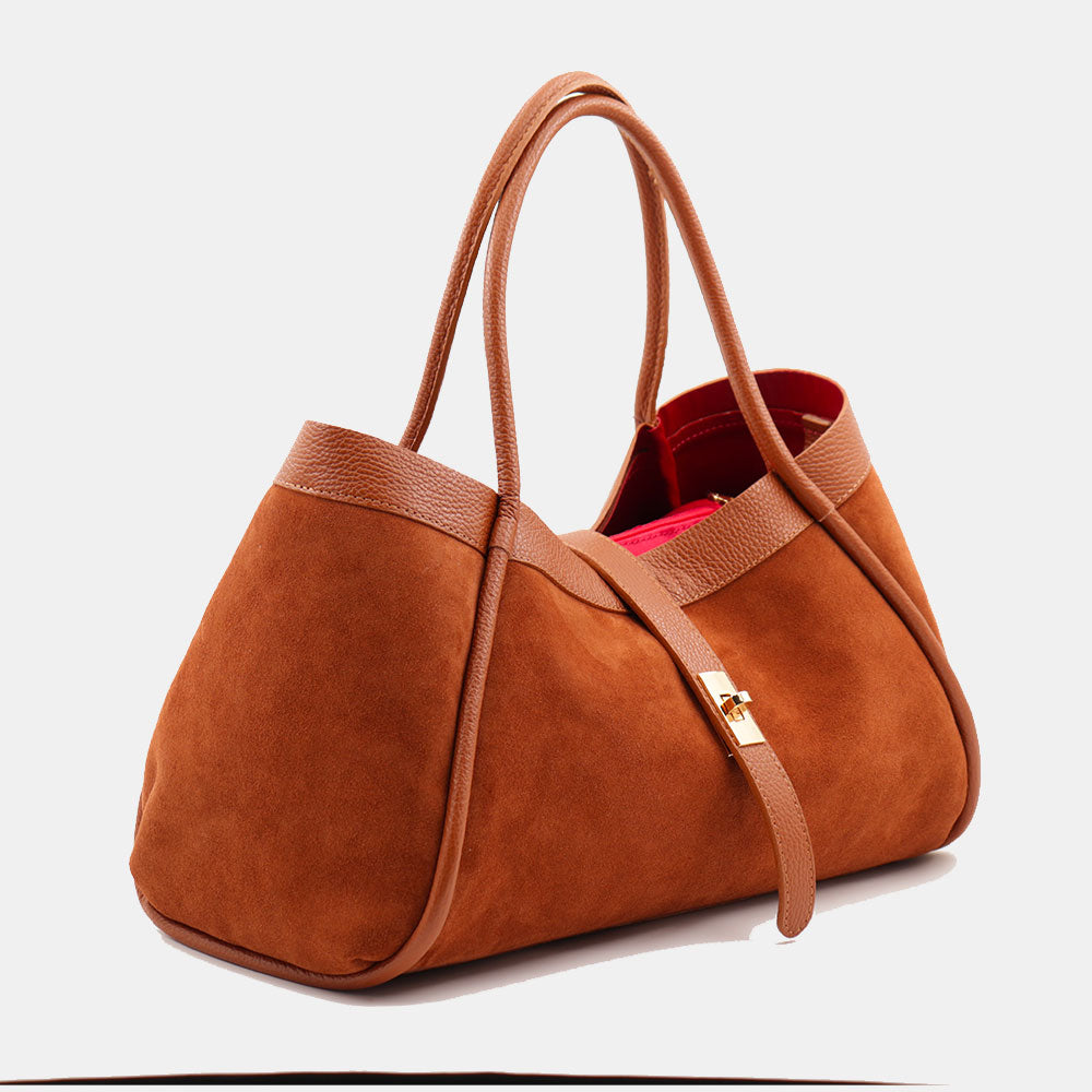 Borsa Donna a Spalla VIAVERDI in Camoscio e Pelle Marrone Made in Italy linea Cortona