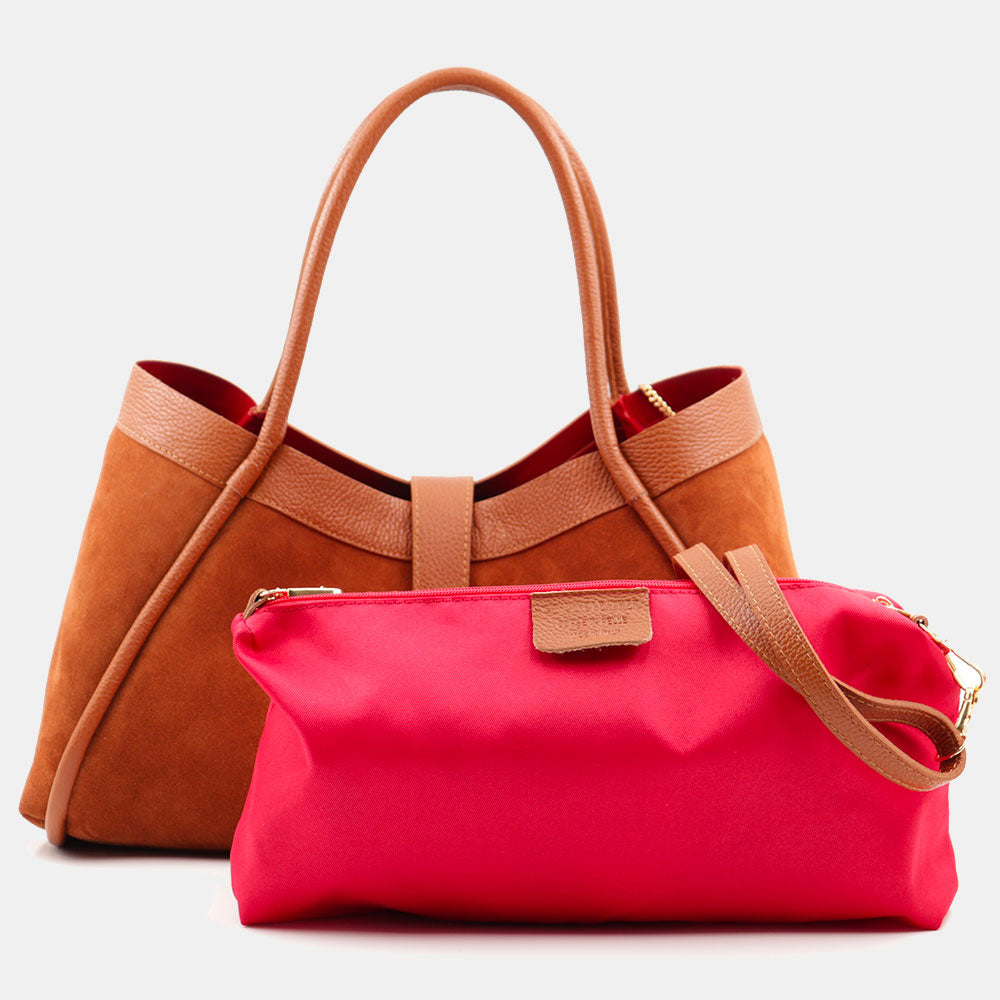 Borsa Donna a Spalla VIAVERDI in Camoscio e Pelle Marrone Made in Italy linea Cortona