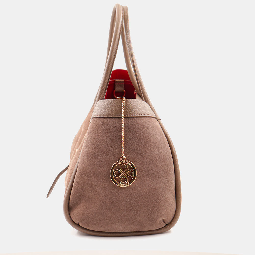 Borsa Donna a Spalla VIAVERDI in Camoscio e Pelle Taupe Made in Italy linea Cortona