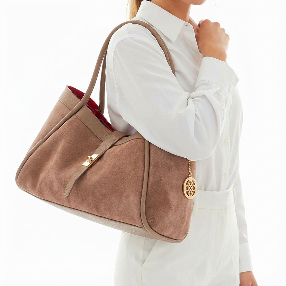 Borsa Donna a Spalla VIAVERDI in Camoscio e Pelle Taupe Made in Italy linea Cortona