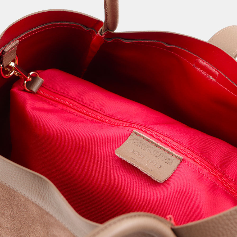 Borsa Donna a Spalla VIAVERDI in Camoscio e Pelle Taupe Made in Italy linea Cortona