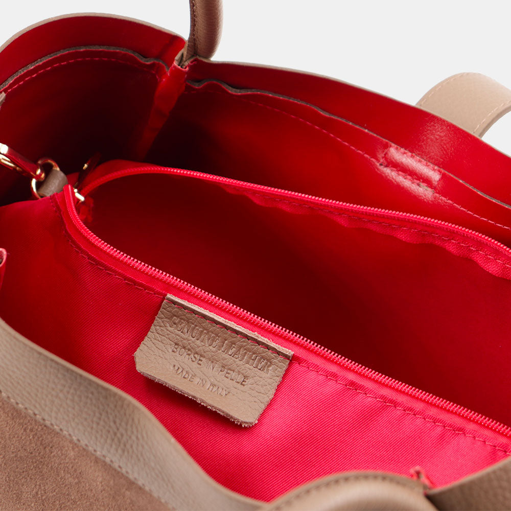 Borsa Donna a Spalla VIAVERDI in Camoscio e Pelle Taupe Made in Italy linea Cortona