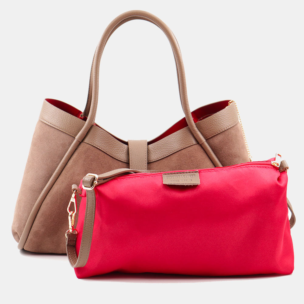 Borsa Donna a Spalla VIAVERDI in Camoscio e Pelle Taupe Made in Italy linea Cortona