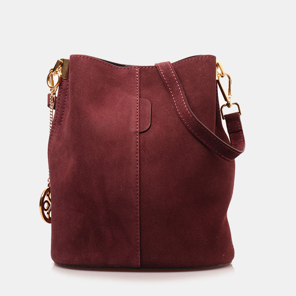 Borsa Secchiello con Tracolla VIAVERDI in Camoscio Bordeaux Made in Italy linea Capalbio