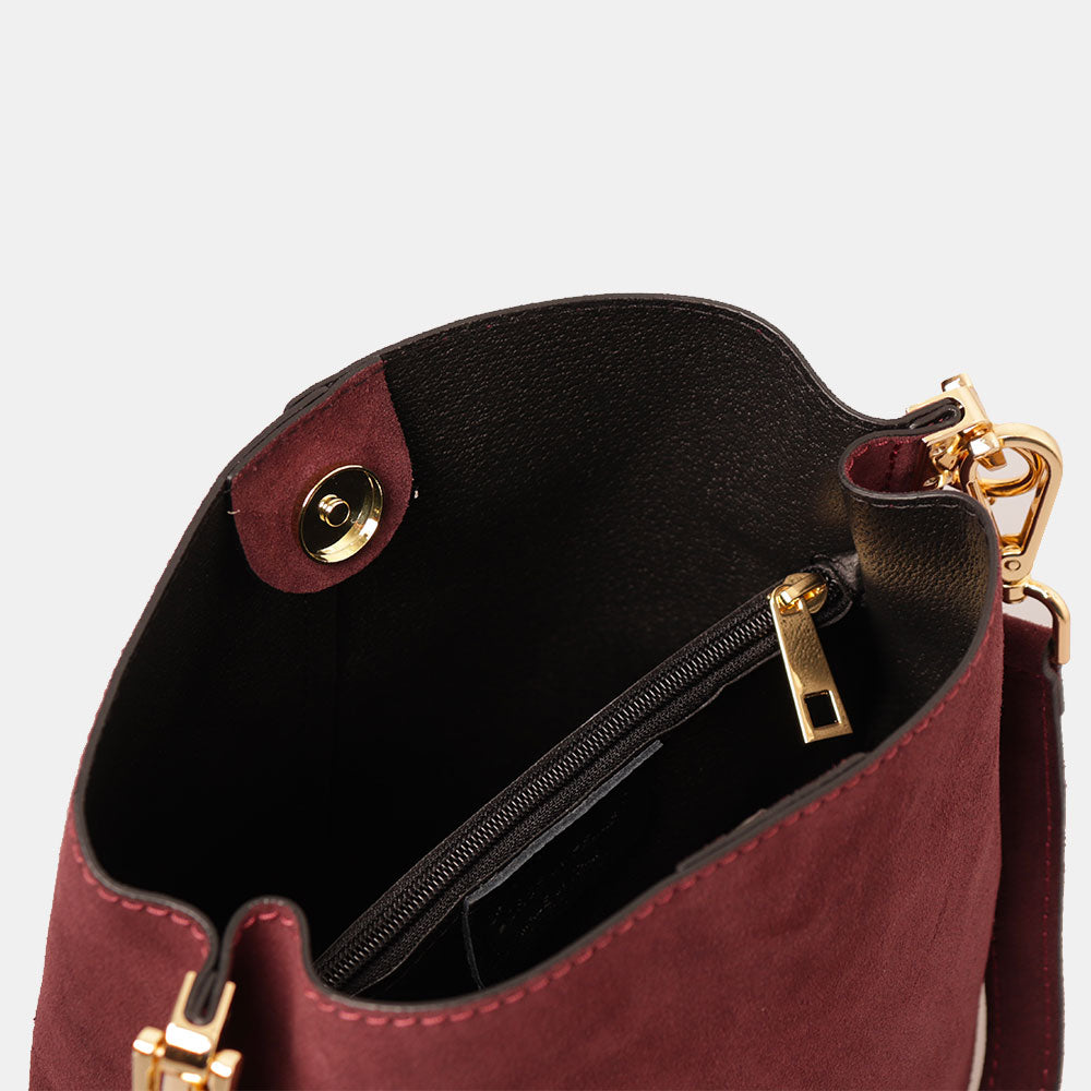Borsa Secchiello con Tracolla VIAVERDI in Camoscio Bordeaux Made in Italy linea Capalbio
