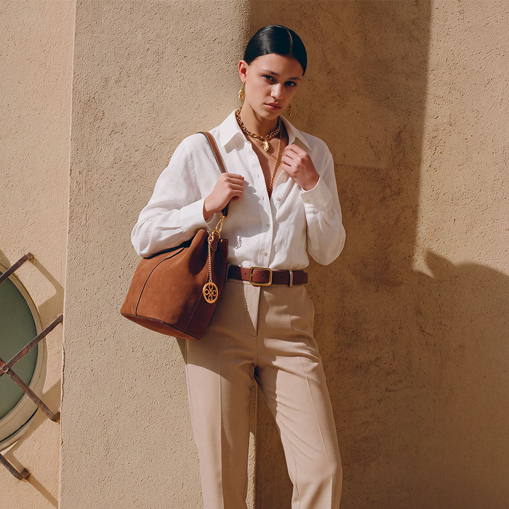 VIAVERDI Bucket Bag with Shoulder Strap in Brown Suede Made in Italy, Capalbio Line