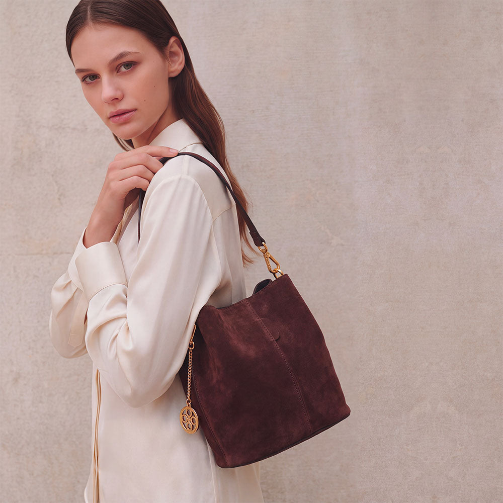 VIAVERDI Bucket Bag with Shoulder Strap in Dark Brown Suede Made in Italy, Capalbio Line