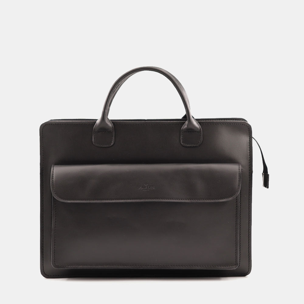 Cartella in Pelle Nera Doppio Manico VIAVERDI Made in Italy - 3 Soffietti Pc 15.6
